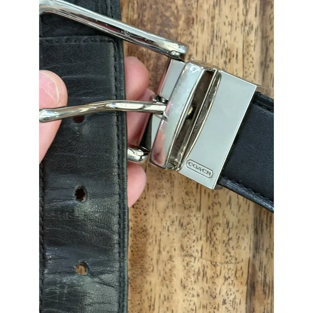 Coach Men's Black Silver Stamped Leather Buckle Belt